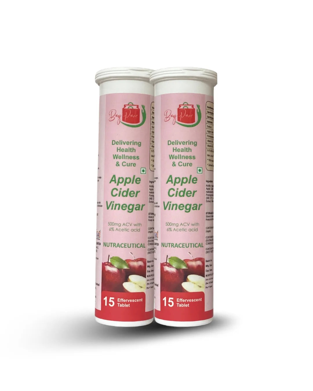 BuyPure Apple Cider Vinegar Effervescent Tablet With Mother|Supports Metabolism & Appetite Control| With 500Mg Acv, Vit B6 & B12| No Maltodextrin, No Added Sugar|