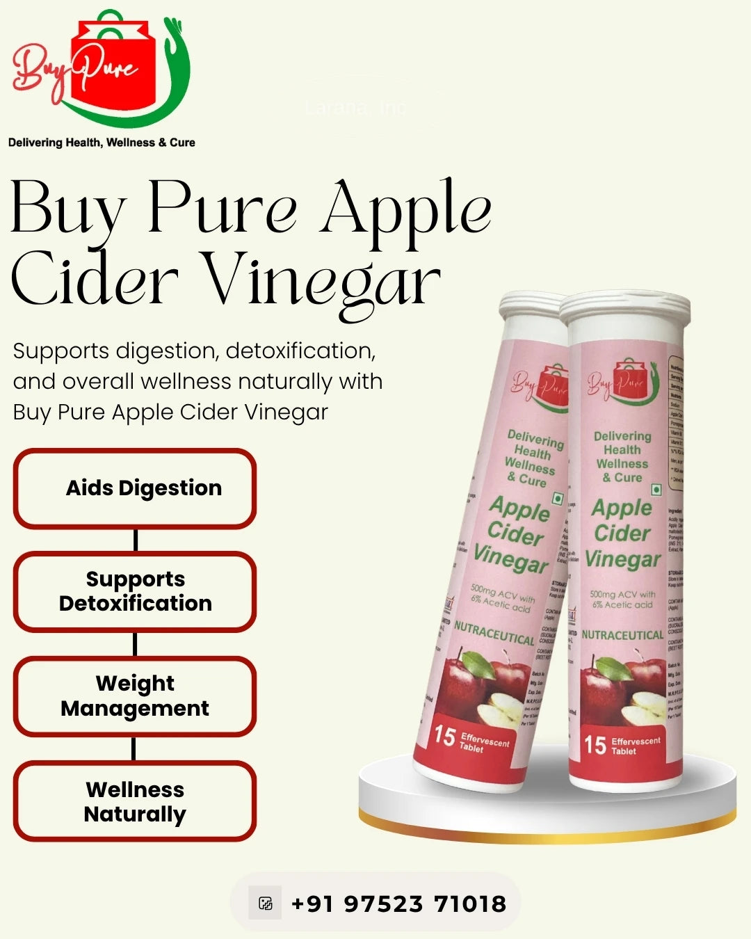 BuyPure Apple Cider Vinegar Effervescent Tablet With Mother|Supports Metabolism & Appetite Control| With 500Mg Acv, Vit B6 & B12| No Maltodextrin, No Added Sugar|