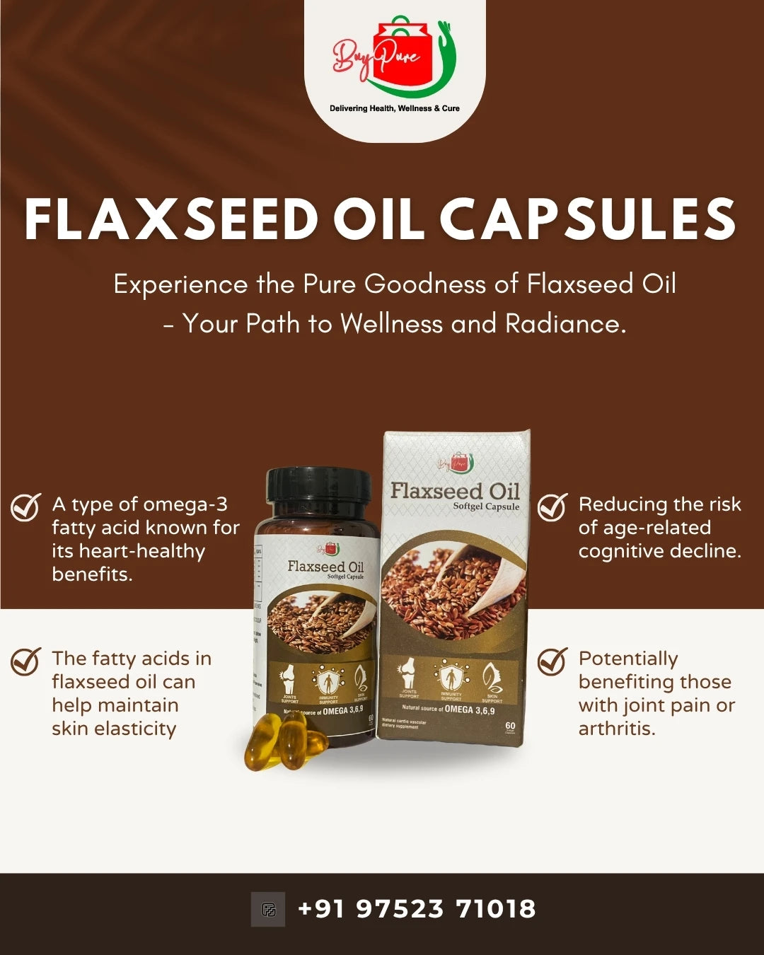 Cold Pressed Flaxseed Oil Omega 3 6 9 Capsules 60 (1000mg), 100 g for Men and Women | Omega 3 Supplement | Omega 369 | Flaxseed Oil Omega3 Capsule | Omega Fatty Acid - 60 Capsules