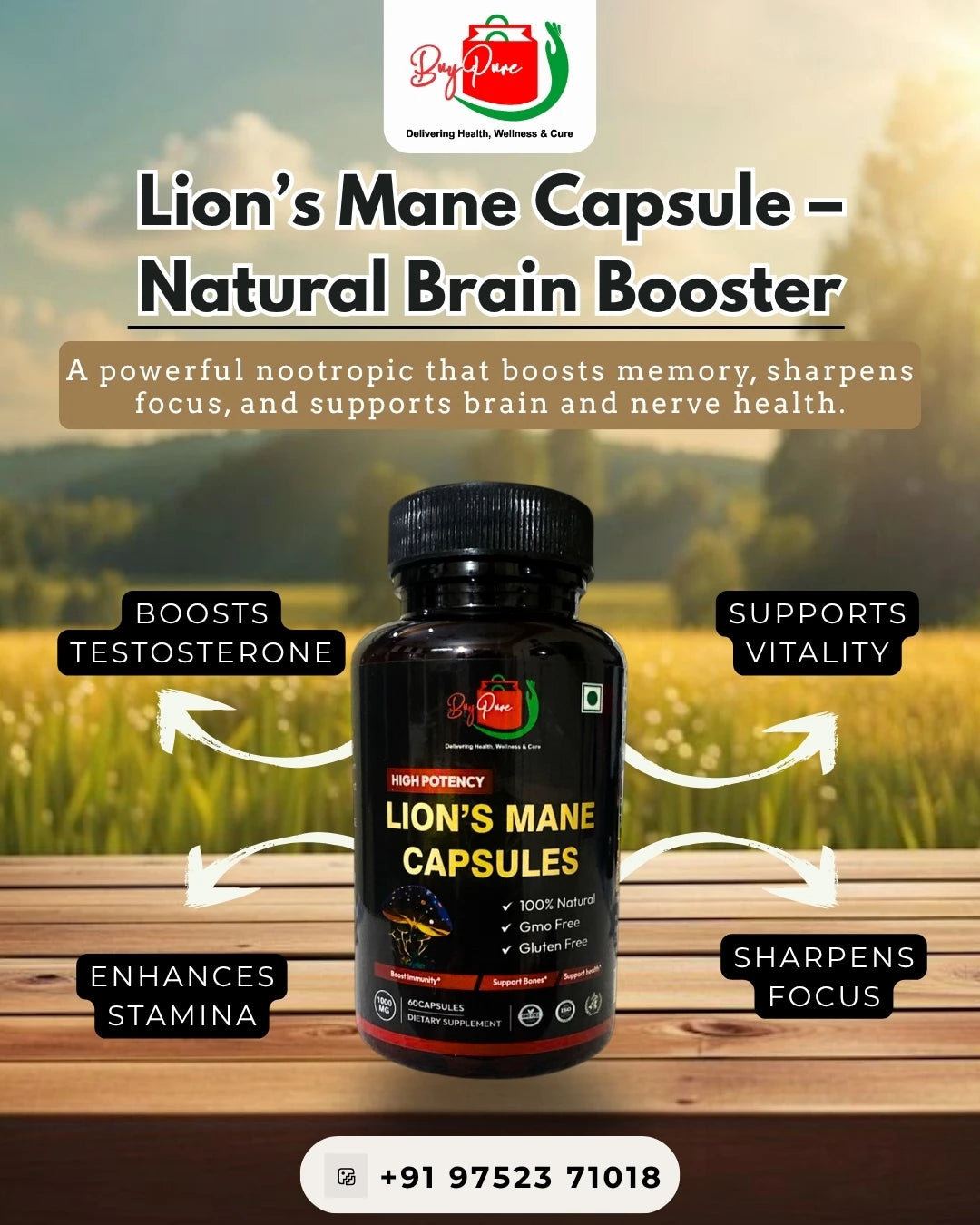 High Potency Lion's Mane Mushroom 60 Capsules, 50 g | 100% Natural | Gmo Free | Gluten Free