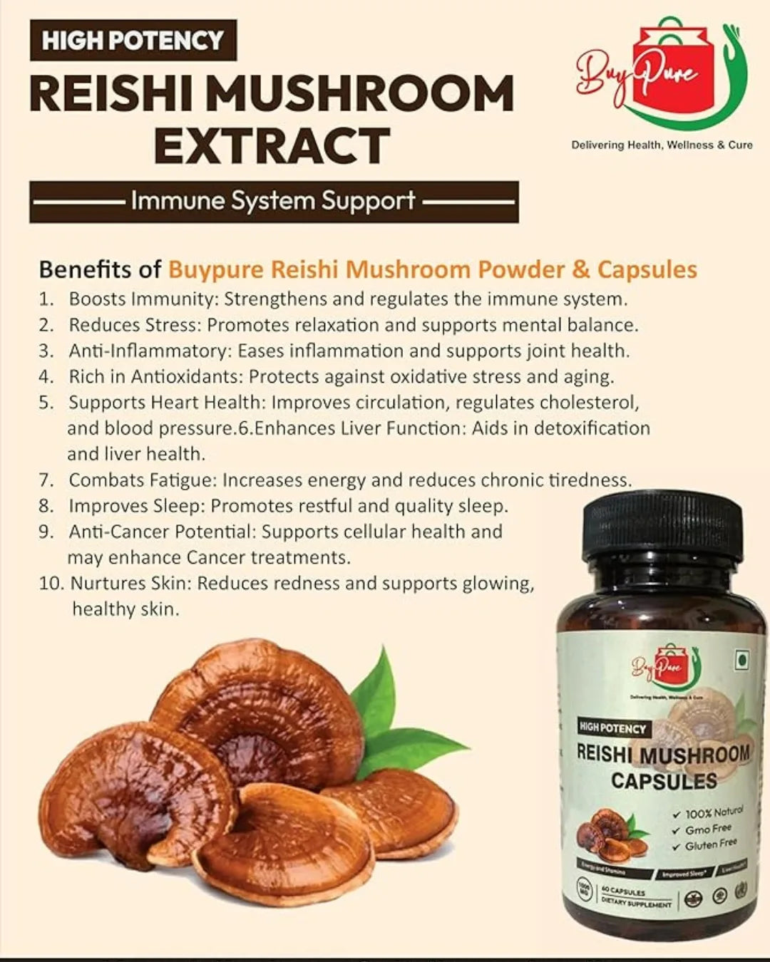 Reishi Mushroom Extract 60 Capsules, 50 g | 100% Natural | Gmo Free | Gluten Free