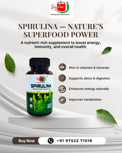Spirulina Tablets 60, 50g | 100% Natural | Contains 60% Protein | Boost Your Immunity | Free from Preservative & Pesticides | Spirulina Tablet